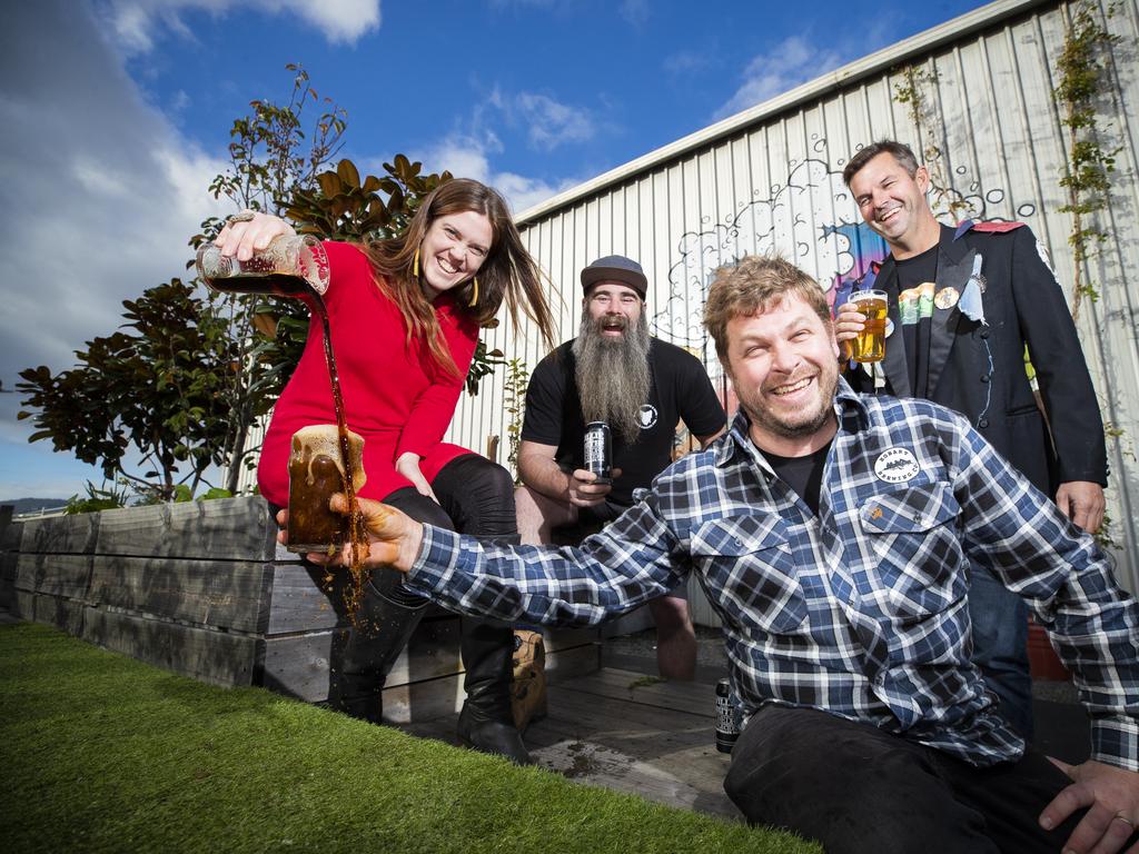 Front - Kirilly crawford - event manager Fringe Festival with Ryan Batt from Hobart Brewing Company with (Back) Jimi Anderson and Andrew Smith from Willie Smiths. Local businesses are coming together to put on the annual Winter Fringe Fest, which coincides with (but is not connected to) Dark Mofo. Picture: RICHARD JUPE