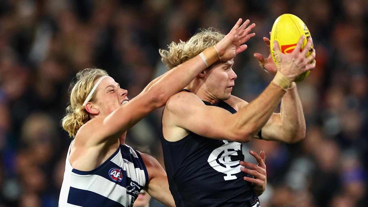 Tom De Koning of the Blues marks in front of Sam De Koning of the Cats . (Photo by Quinn Rooney/Getty Images)