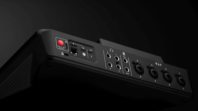 Back view showing four Neutrik combo ports (right) for plugging in mics and instruments, headphone ports (centre), USB-C ports and Ethernet (left).