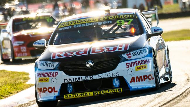 Shane van Gisbergen throws his Red Bull Ampol Holden Commodore ZB around the Symmons Plains raceway. Picture: Getty Images