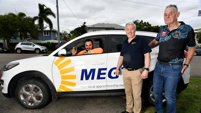 LearnIt graduate Isiah Ware with MEGT CEO Matthew Hicks and Queensland Youth Services program manager Murray Holm. Picture: Evan Morgan