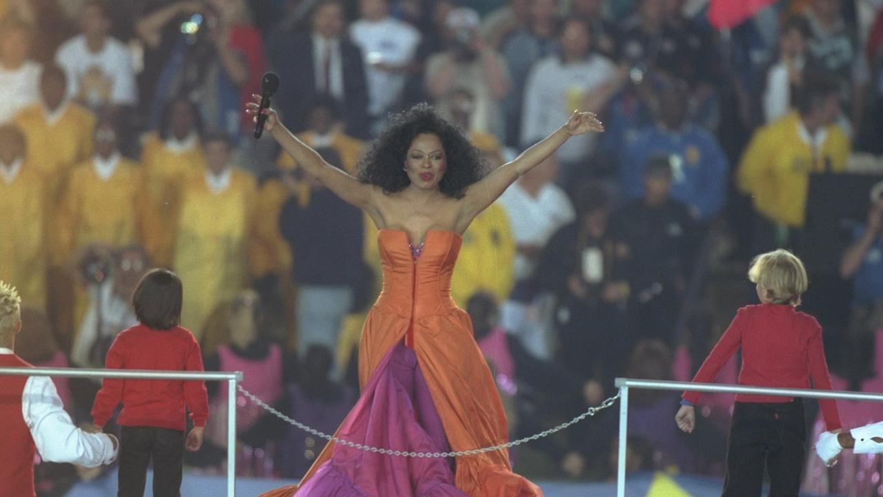 1996: Singing legend Diana Ross took to the stage performs at the halftime show in Tempe, Arizona. Picture: Al Bello /Allsport/Getty Images