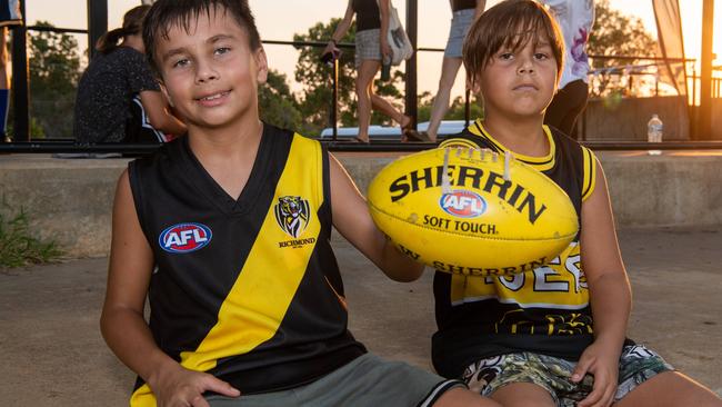 Rylan Sansbury and Djahran Sansbury as thousands of fans gathered for the AFLW Dreamtime game between Richmond and Essendon in Darwin. Picture: Pema Tamang Pakhrin