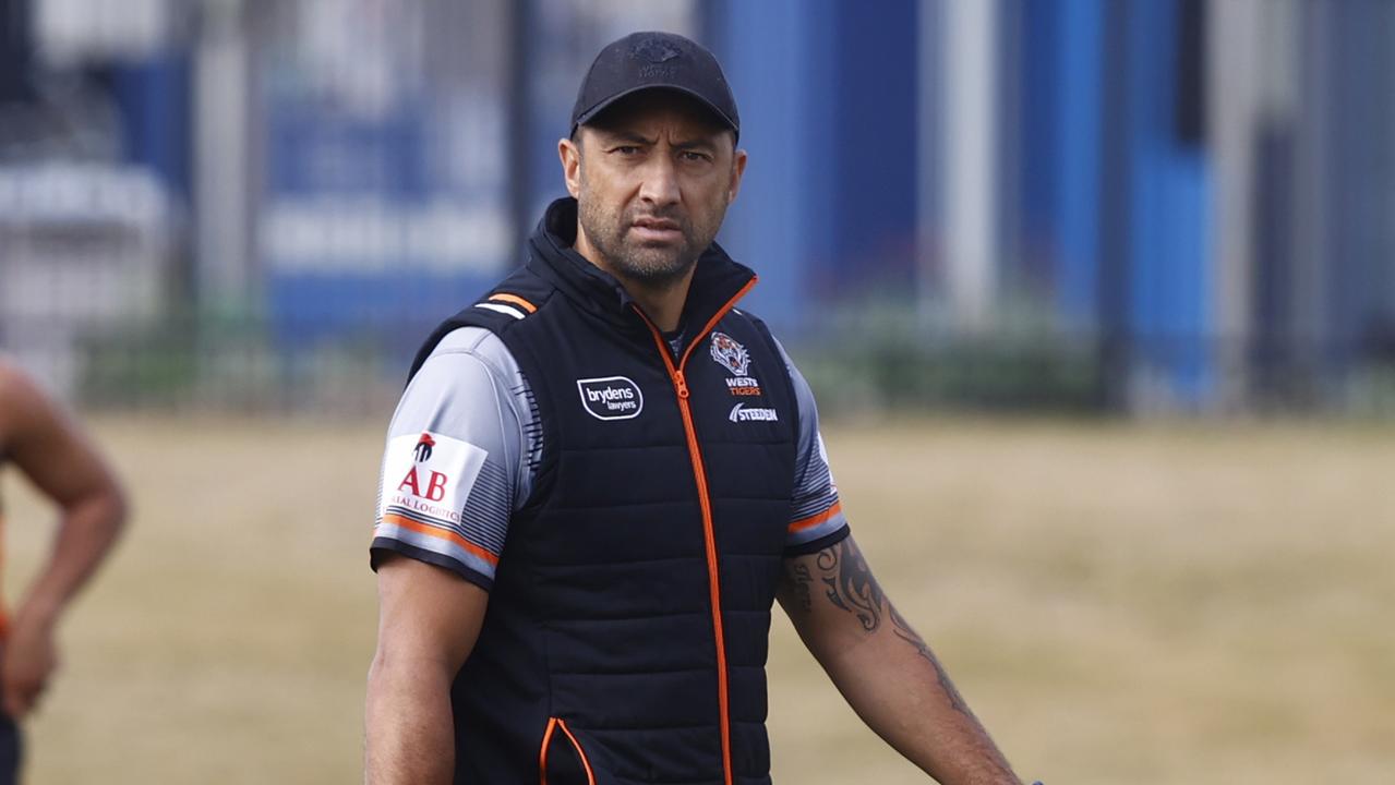 DAILY TELEGRAPH 17TH JULY 2023 Pictured at West Tigers training at Concord Oval in Sydney is assailant coach Benji Marshall. Picture: Richard Dobson