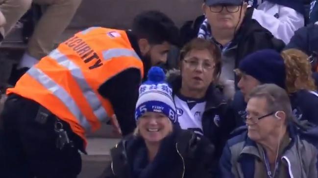 Security and “Behavioural Awareness Officers” in the crowd at the Carlton v Bulldogs game. Picture: Channel 7