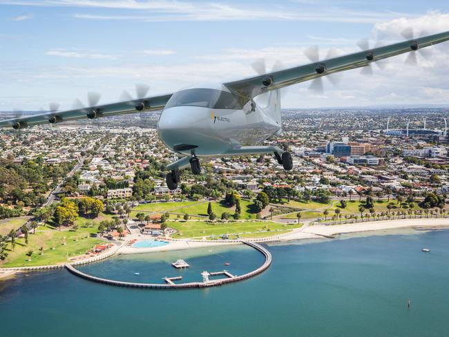 Render of an Electra Aero vehicle flying over Geelong.