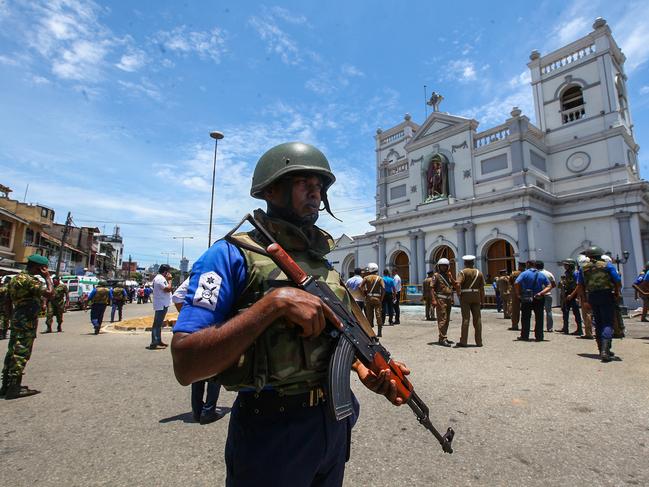 Sri Lankan security forces secure the area around St. Anthony's Shrine after an explosion hit St Anthony's Church in Kochchikade. Picture: Getty