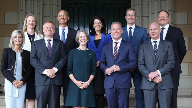 The new Liberal Cabinet: back, from left, Sarah Courtney, Guy Barnett, Jacquie Petrusma, Michael Ferguson and Roger Jaensch; front, from left, Elise Archer, Jeremy Rockliff, Governor Kate Warner, Premier Will Hodgman and Peter Gutwein. Picture: SAM ROSEWARNE