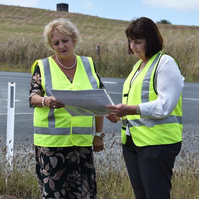 Capricornia MP Michelle Landry and Mackay MP Julieanne Gilbert look at plans for the Walkerston Bypass. Picture: Melanie Whiting