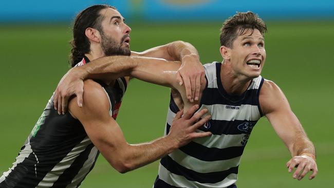 PERTH, AUSTRALIA – JULY 16: Brodie Grundy of the Magpies contests a ruck with Tom Hawkins of the Cats during the round 7 AFL match between the Geelong Cats and the Collingwood Magpies at Optus Stadium on July 16, 2020 in Perth, Australia. (Photo by Will Russell/AFL Photos/via Getty Images)