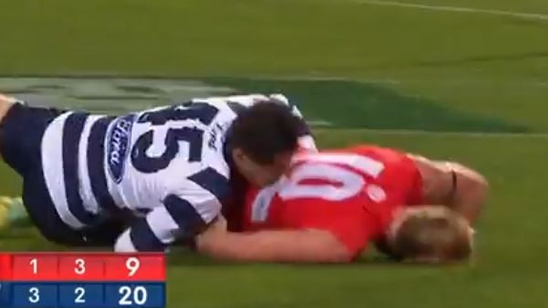 Geelong's Brad Close dangerous tackle on Aaron Francis at SCG. Round 16