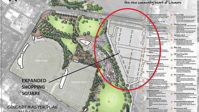 A DRAFT plan of how the enlarged Lismore Shopping Square would blend in with the planned Lismore Regional Park. Picture: Contributed