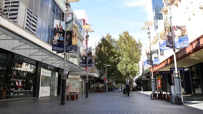 An empty Hay St mall in Perth during the lockdown. Picture: Paul Kane/Getty Images