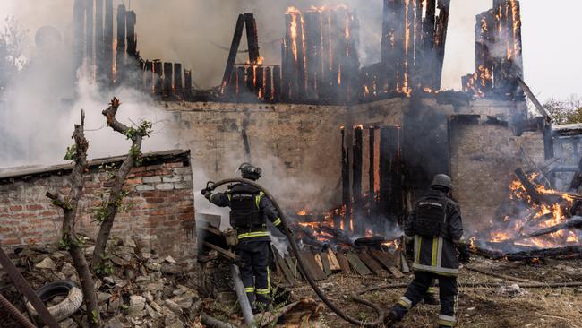 POKROVSK, UKRAINE - NOVEMBER 10: Ukrainian firefighters respond to an artillery strike on November 10, 2024 in Pokrovsk, Ukraine. In one of his nightly addresses this week, Ukrainian President Volodymyr Zelensky said that the area around Pokrovsk was 