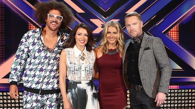 Natalie Bassingthwaighte as a judge on a former season of The X Factor, with Redfoo, Dannii Minogue and Ronan Keating. Picture: Ian Currie