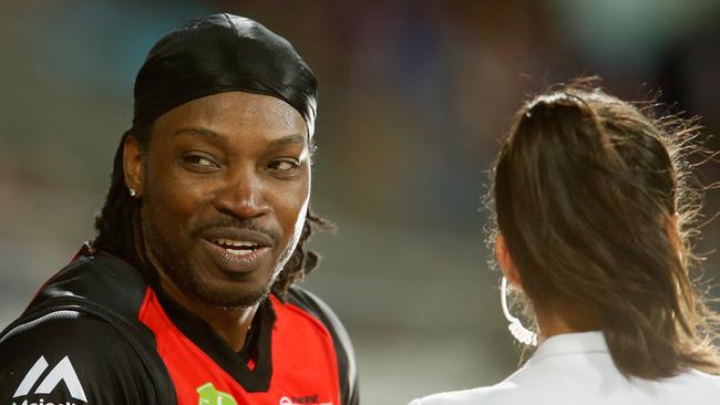 Melbourne Renegade master blaster Chris Gayle was lambasted for his comments to Network 10’s Mel Mclaughlin a Big Bash League interview. Picture: Getty Images