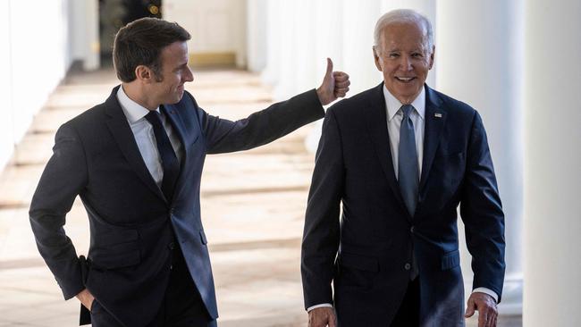 US President Joe Biden and French President Emmanuel Macron are on the same page when it comes to support Ukraine against Russia. Picture: AFP