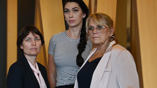 Kirsty Wright with Shandee Blackburn’s sister and mother, Shannah and Vicki. Picture: Lyndon Mechielsen