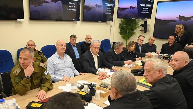 Benjamin Netanyahu (C) during a War Cabinet meeting at the Kirya in Tel Aviv. Picture: AFP.