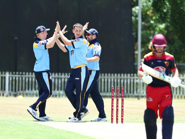 Seth McGinty celebrates a wicket in the Queensland Country Cricket Bulls Masters match between the Far North Fusion and the Sunshine Coast, held at Walker Road sporting fields, Edmonton. Picture: Brendan Radke