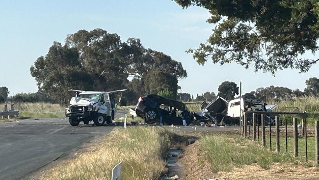 The scene of a tragic collision near Shepparton where a child was killed on October 20, 2023, on the intersection of Old Dookie and Boundary roads. Picture: Oscar Jaeger