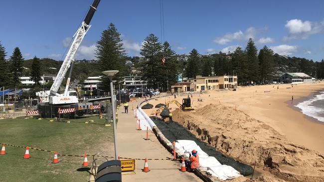 Northern Beaches Council has been undertaking stabilisation work on the sandstone sea wall at the southern end of Collaroy Beach. Picture: Manly Daily