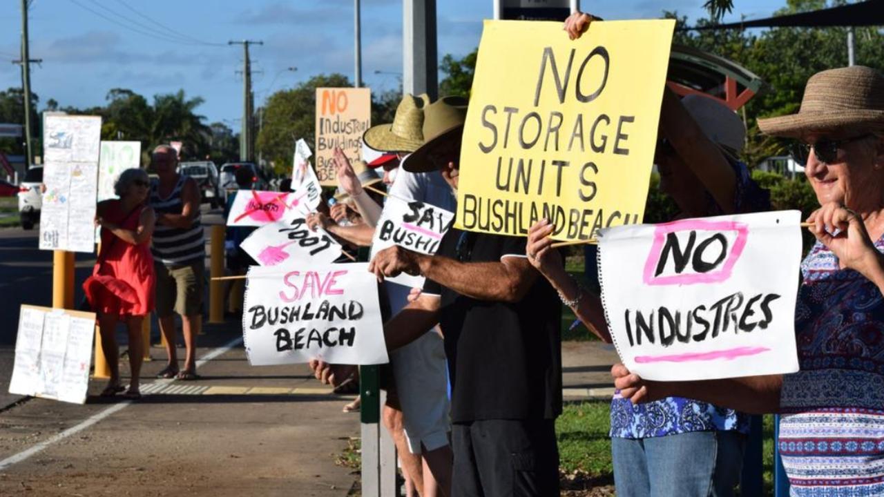 Protesters rallying against Brisbane-based developers Parmac Property Group’s plans for a 145 unit self-storage facility on an 8165sqm vacant block in a low-density residential zone at 5 Goicoechea Drive in Bushland Beach, Townsville. Picture: Supplied