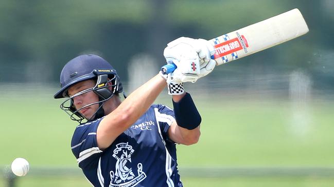 Carlton champion Evan Gulbis gives the white ball some tap.