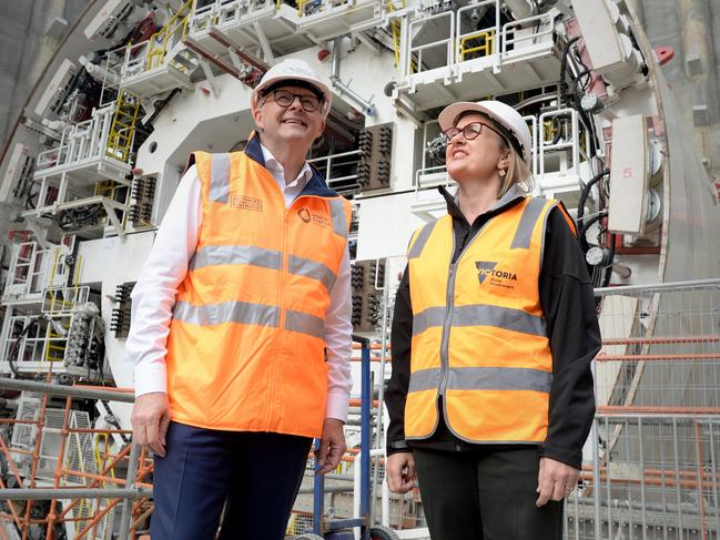 Anthony Albanese, pictured with Jacinta Allan, says his pre-election cash-splash is about the state getting its ‘fair share’ of infrastructure spending. Picture: Andrew Henshaw