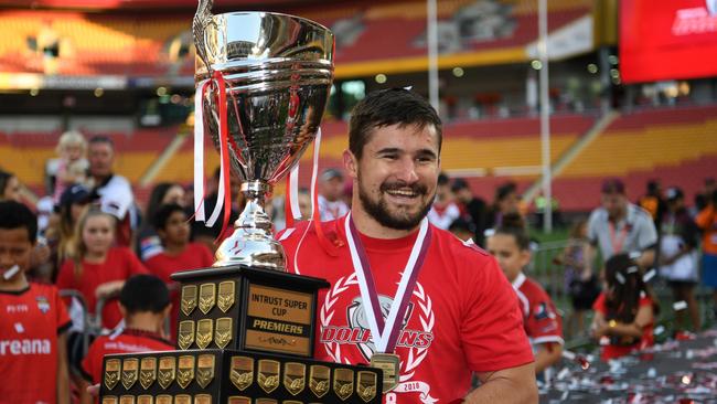 Redcliffe Dolphins captain Cameron Cullen celebrates winning the 2018 Intrust Super Cup grand final against Easts at Suncorp on September 23.