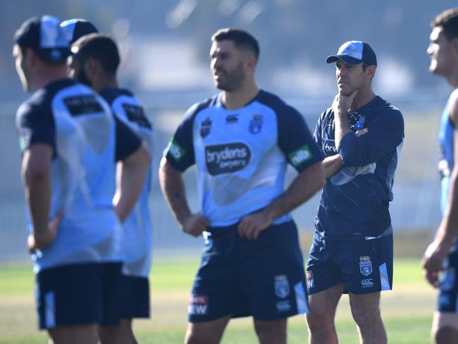 NSW Blues head coach Brad Fittler watches his players during the training session. Picture: AAP Image/David Moir.