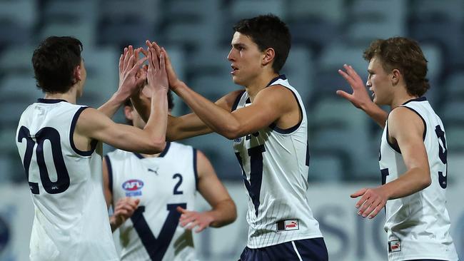 PERTH, AUSTRALIA - JUNE 30: Michael Rudd of Victoria Country celebrates a goal during the 2023 AFL National Championships U18 Boys match between Western Australia and Vic Country at the WACA on June 30, 2023 in Perth, Australia. (Photo by Paul Kane/AFL Photos/via Getty Images)