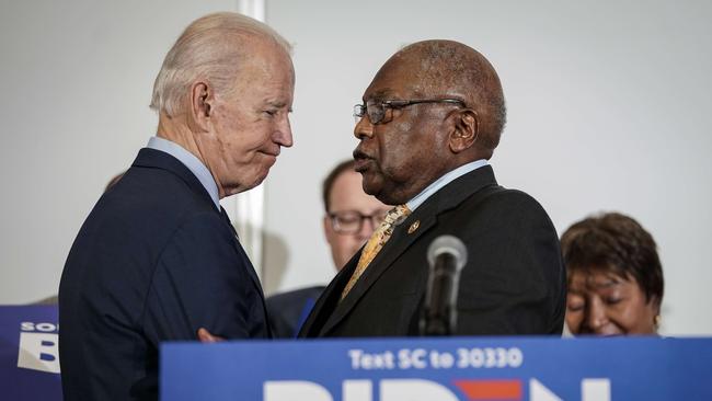 Joe Biden is endorsed by James Clyburn in Charleston, South Carolina, on Thursday. Picture: AFP