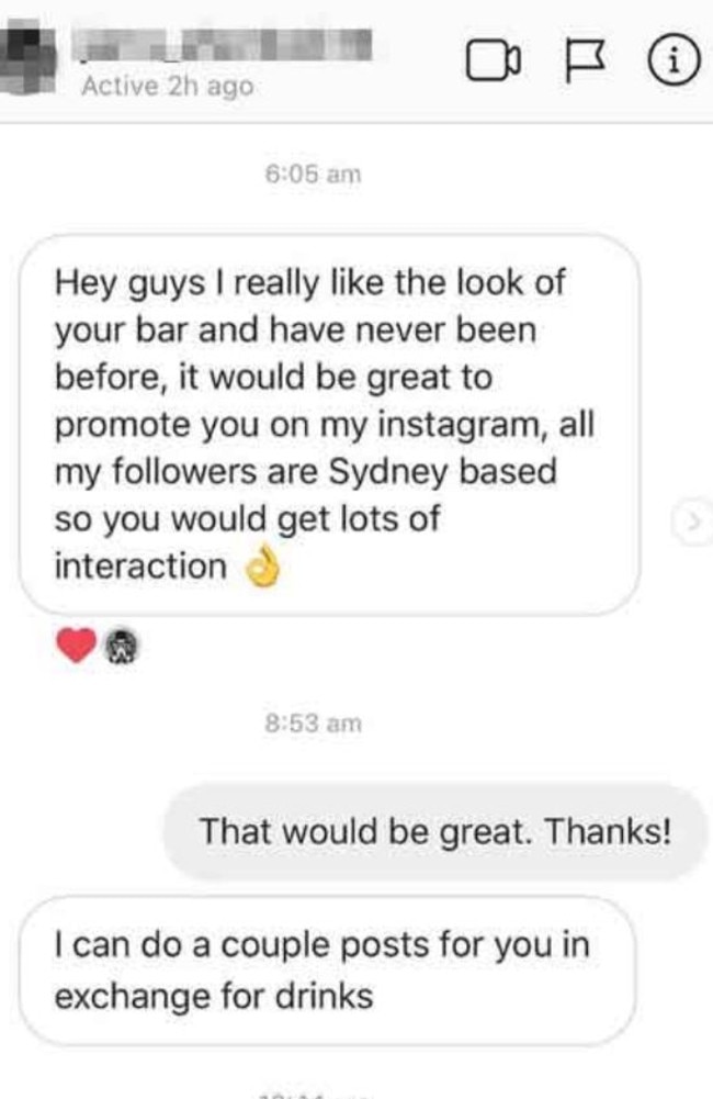 The exchange starts off politely enough until the influencer makes it clear he’s after free drinks.