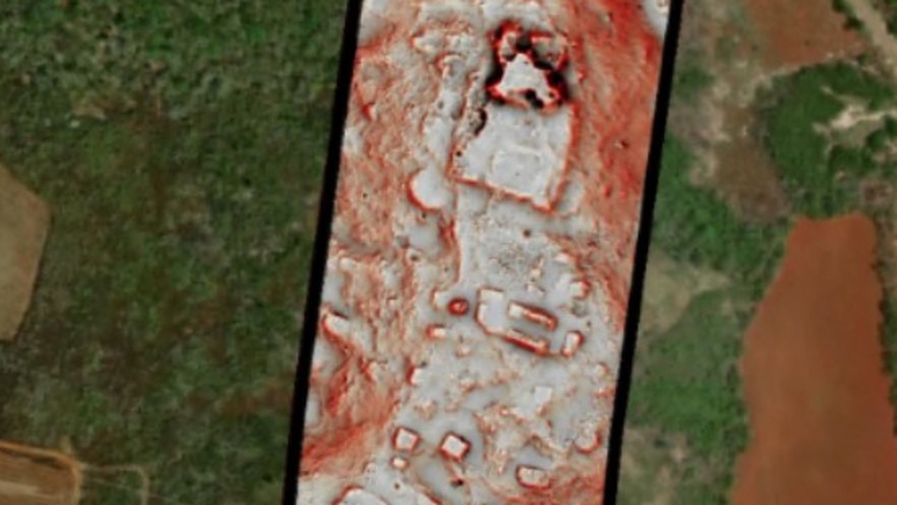 LIDAR survey data reveals ancient Maya buildings (centre) clustered on a hilltop, while a satellite image (far left and right) shows modern agriculture and road building underway in the valleys below. Picture: Luke Auld-Thomas