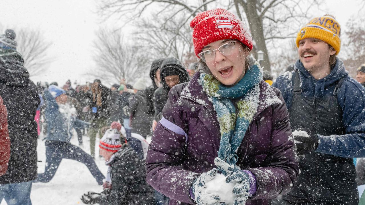 People participate in the Great Meridian Chill Battle, an annual snowball fight, at Meridian Hill Park following a snowstorm in Washington, DC. Picture: Jon Cherry/Getty Images/AFP