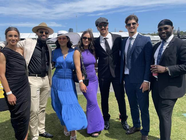 Nikoletla, Lilly, Ty, Yianni, Jacinta and TJ Lawson at the 2024 Oaks Day. Picture: Himangi Singh.