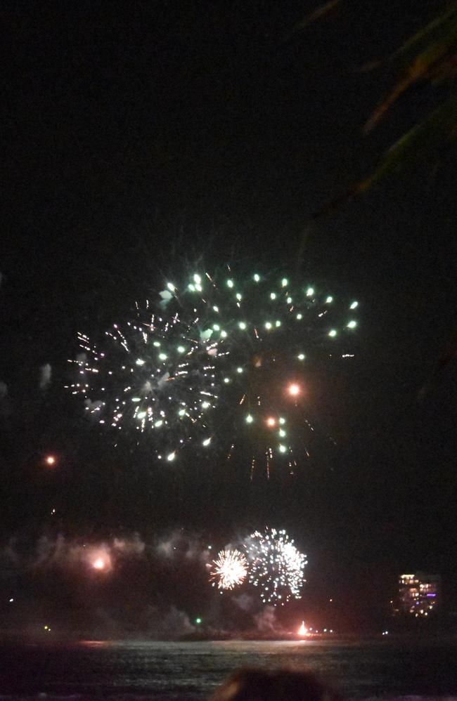 Fireworks light up the night sky over Mooloolaba as thousands turned out to watch and bring in the New Year. Photo: Elizabeth Neil