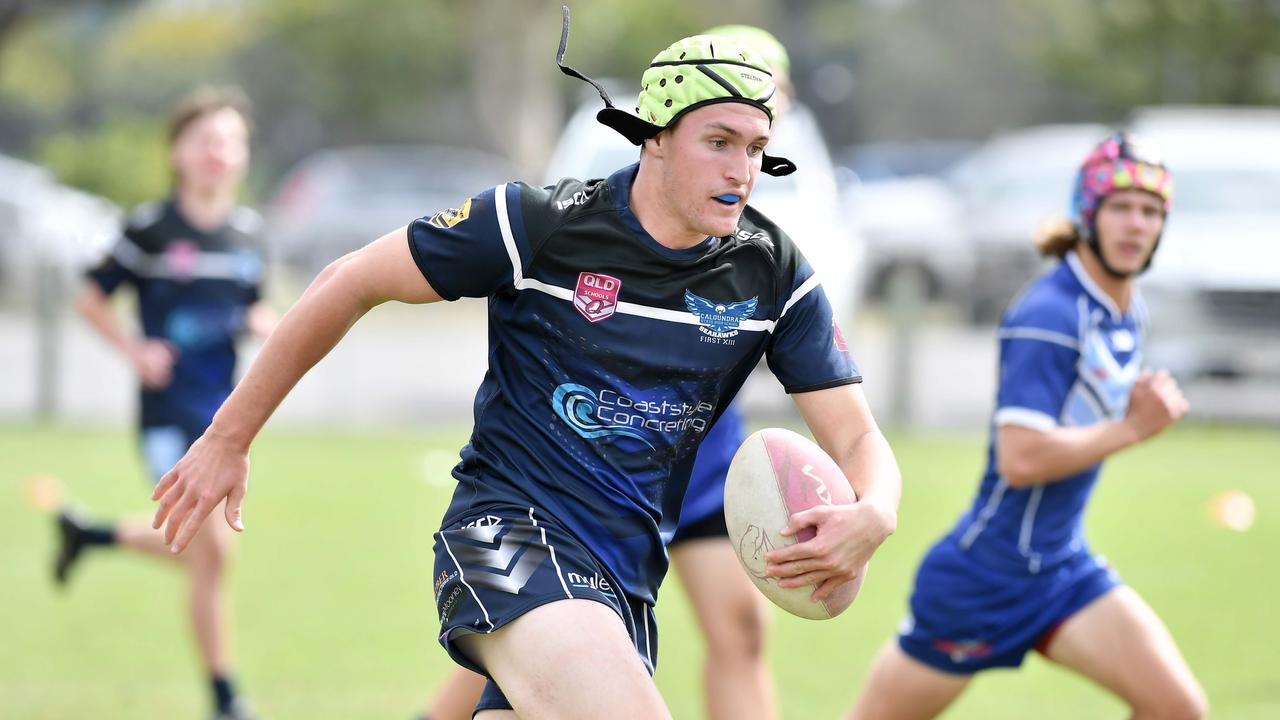 RUGBY LEAGUE: Justin Hodges and Chris Flannery 9s Gala Day. Grand final, Caloundra State High School V Redcliffe State High, year 12. Caloundra's Douglas Smell (green cap). Picture: Patrick Woods.