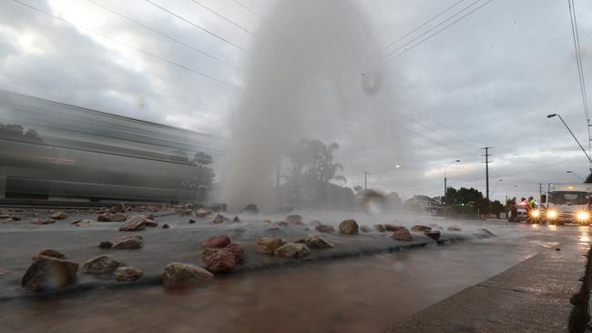 A burst water main on Marion Rd , Brooklyn Park. Picture: Tait Schmaal