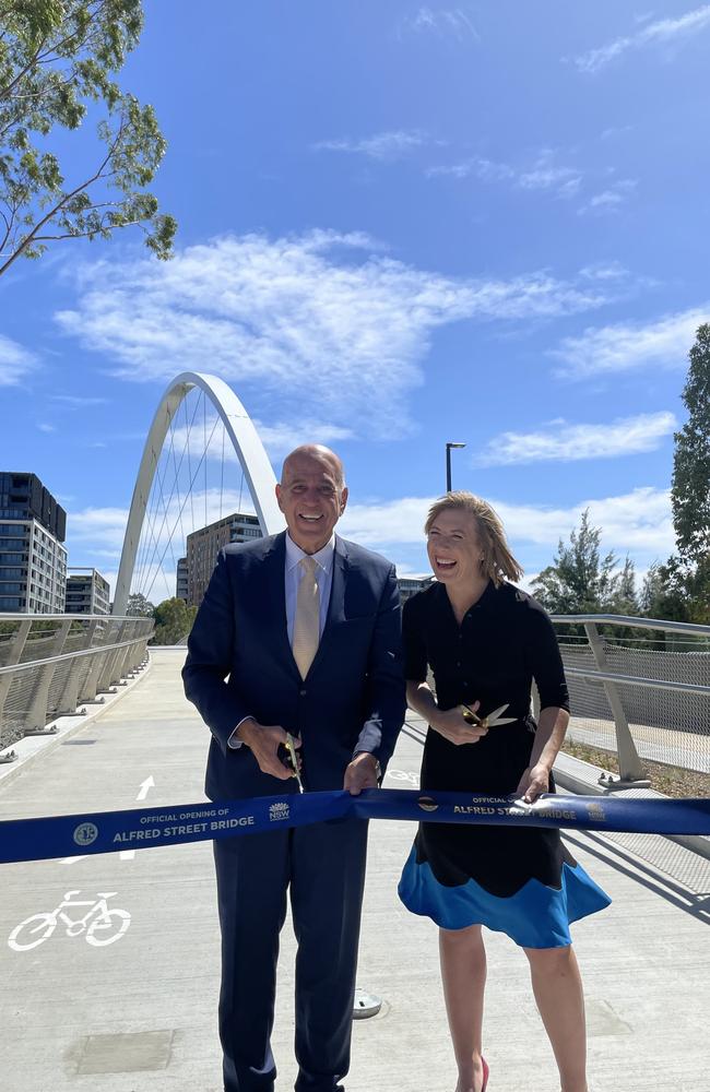 Parramatta Lord Mayor Pierre Esber and NSW transport Minister Jo Haylen open the Alfred Street Bridge.