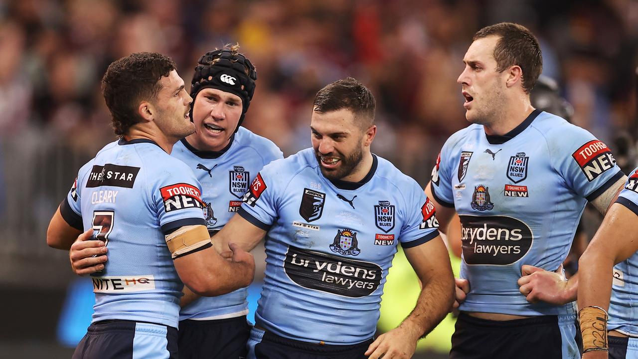 The Blues celebrate Burton’s try. Picture: Mark Kolbe/Getty