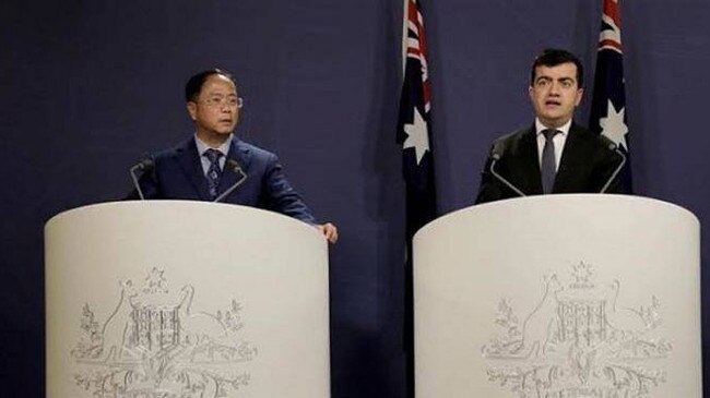 Yuhu Group chief executive Huang Xiangmo and Sam Dastyari at a press conference for the Chinese community in Sydney in June, 2016 at the Commonwealth parliamentary offices in Sydney. Picture: Supplied