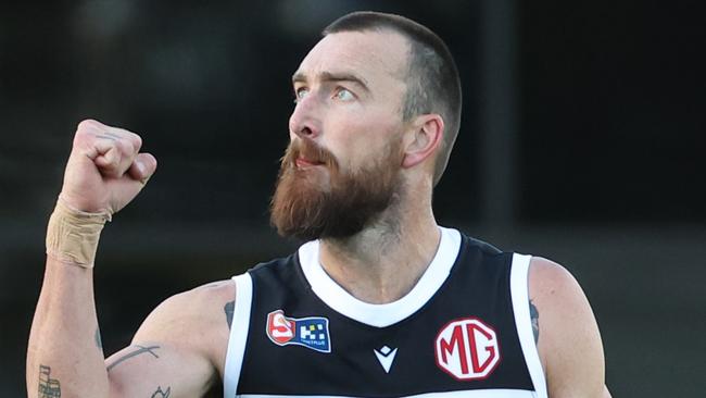 Charlie Dixon of the Magpies reacts after scoring a goal during the Round 10 SANFL match between Port Adelaide and West Adelaide at Alberton Oval in Adelaide, Saturday, June 15, 2024. (SANFL Image/David Mariuz)