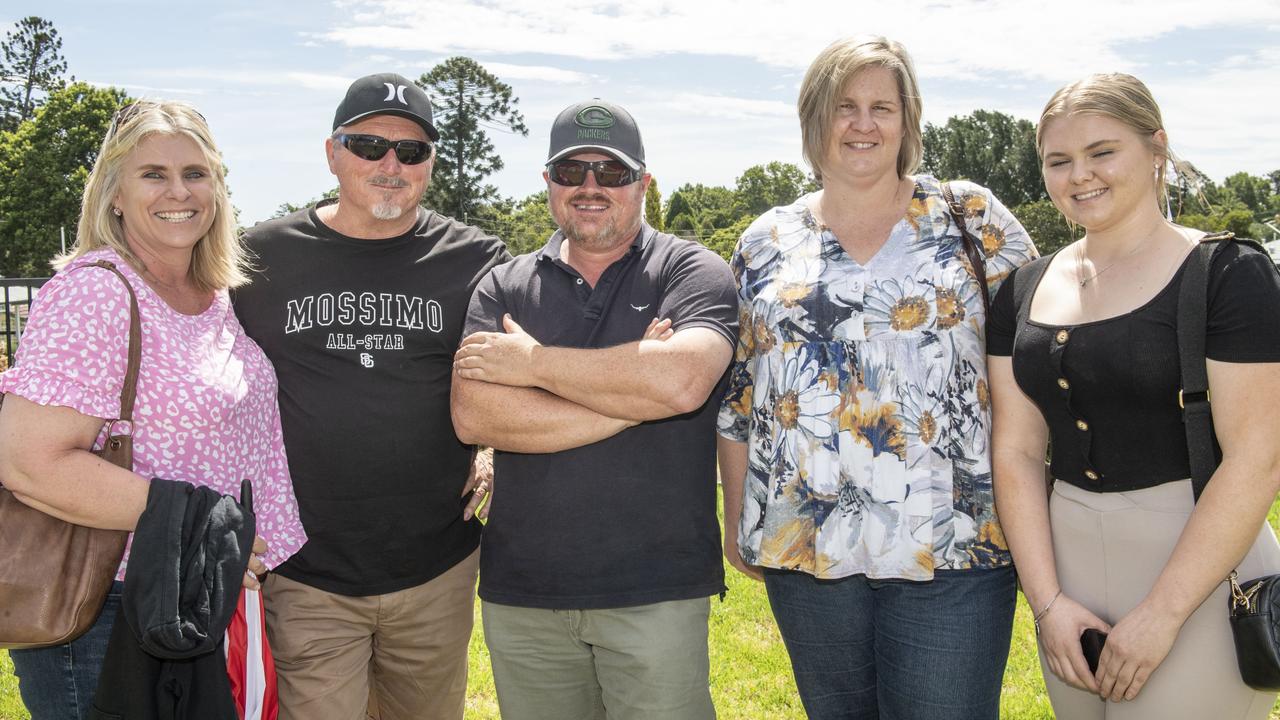 (from left) Susie Sharkey, Mick Sharkey, Anthony Fisher, Pamela Fisher and Caitilin Fisher. Western Clydesdales vs Canterbury-Bankstown Bulldogs rugby league trial.Saturday, February 4, 2023. Picture: Nev Madsen.