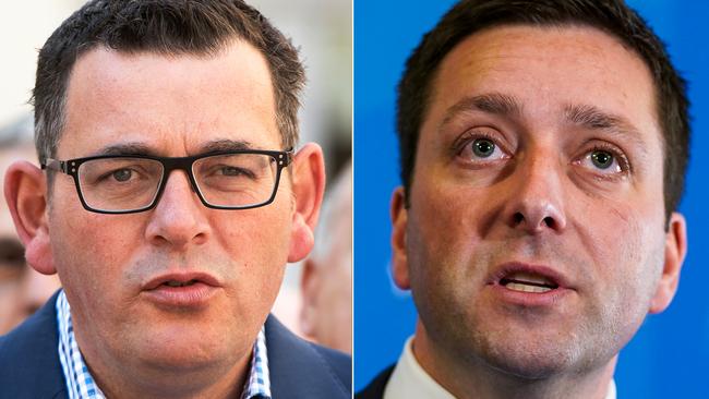 A comparison diptych generated on Wednesday, October 24, 2018, shows (left) Victorian Premier Daniel Andrews during a press conference in Footscray, Melbourne, Sunday, October 7, 2018. (right) Victorian Liberal leader Matthew Guy speaks to the media at Parliament House in Melbourne, Thursday, August 2, 2018. (AAP Image/Ellen Smith, Alex Murray) NO ARCHIVING