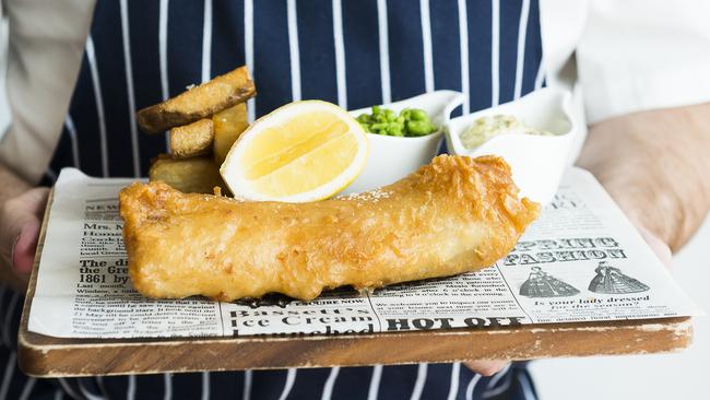 Beer-battered fish and chips with tartare sauce from The Baths Middle Brighton.