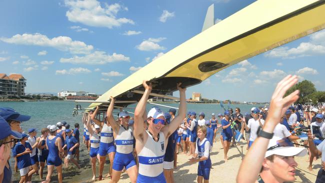 St Peters College after the 2021 Head of the River win.. Picture: Michael Marschall