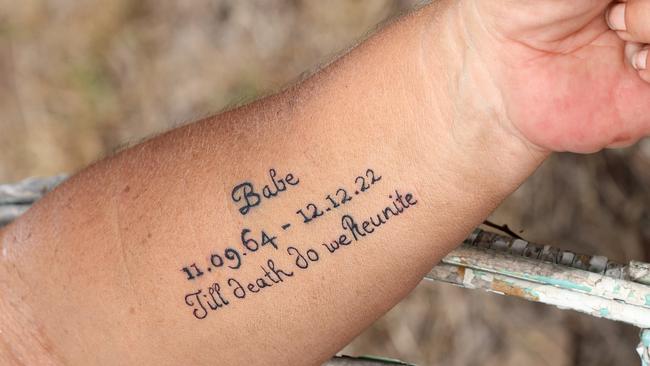 Widow Kerry Dare's new tattoo in honour of her late husband. Picture: Liam Kidston