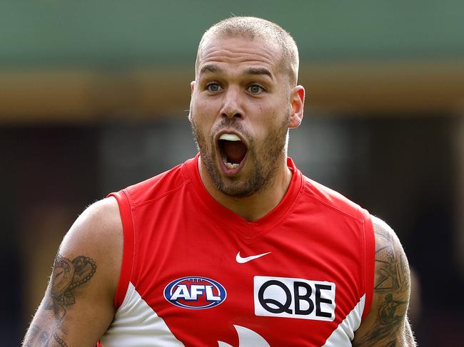 Sydney's Lance Franklin celebrates Logan McDonald goal during the AFL round 9 match between the Sydney Swans and Fremantle Dockers at the SCG on May 13, 2023. Photo by Phil Hillyard(Image Supplied for Editorial Use only - **NO ON SALES** - Â©Phil Hillyard )